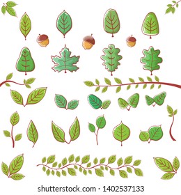 green leaves icon set isolated on white background. summer green leaf design elements collection