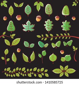 green leaves icon set isolated on black background. summer green leaf design elements collection