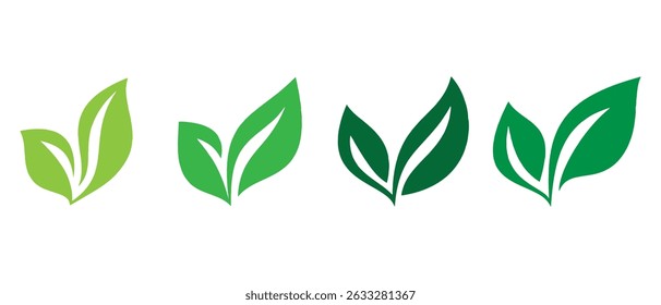 Green leaves icons, branches silhouettes.