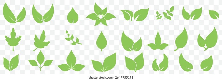 Green leaves icons set isolated on white background vector illustration. Vegan, tree, plant, fresh, energy and healthy nutrition concept on Transparent Background. EPS 10.