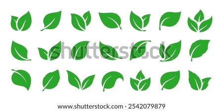 Green leaves icons set isolated on white background vector illustration. Vegan, tree, plant, fresh, energy and healthy nutrition concept.