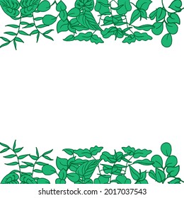 green leaves illustration on white background. blank space template. hand drawn vector. nature background. doodle art for wallpaper, banner, poster, greeting and invitation card, backdrop. forest. 