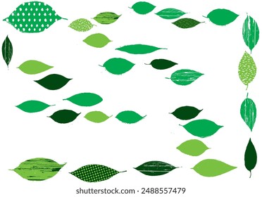 Green leaves illustration with texture in a white background. Vector drawing.