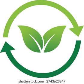 Green leaves inside circular arrows indicating recycling and nature recycling symbol eco friendly