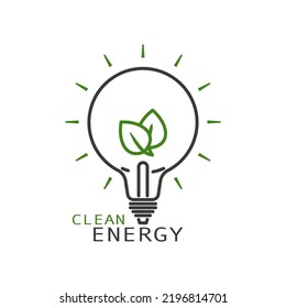 Grüne Blätter in einer elektrischen Lampe. Konzept für saubere Energie Flaches Umriss-Stilbild. Einzeln auf weißem Hintergrund. 