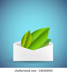 Green leaves inside envelope. Vector design.