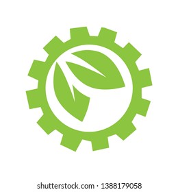 green leaves inside gear, vector logo icon