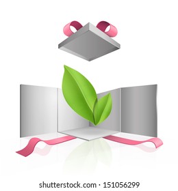 Green leaves inside gift box. Vector design. 