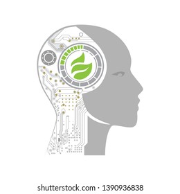 green leaves inside robot head, vector illustration