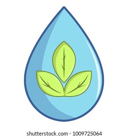 Green leaves inside water drop icon. Cartoon illustration of green leaves inside water drop vector icon for web
