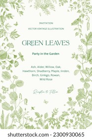 Hojas verdes. Invitación. Fiesta en el Jardín. Ilustración vectorial. 