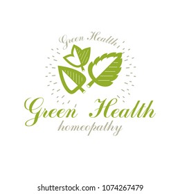Green leaves isolated on white background. Homeopathy creative symbol, alternative medicine.