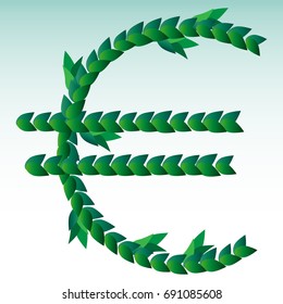 Green leaves laid out in the form of an international graphic designation of the euro. Money, success, profit, business.