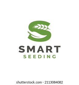 Green Leaves Letter Initial S with Leaf and Grain Rice Wheat Oats Cereal for Nature Plant Garden Vegan Organic logo design