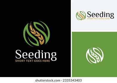 Green Leaves Letter S with Leaf and Grain Rice Wheat Oats Cereal for Nature Plant Garden Vegan Organic Yin Yang logo design