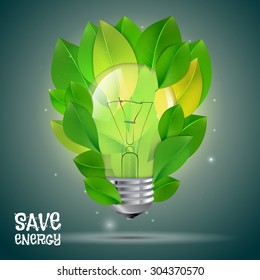 Green leaves with light bulb can be used for workflow layout, presentation, web design. Energy saving vector illustration