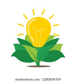 Green leaves with Light Bulb. Ecological electricity concept. Eco friendly, environmentally. Flat Vector illustration