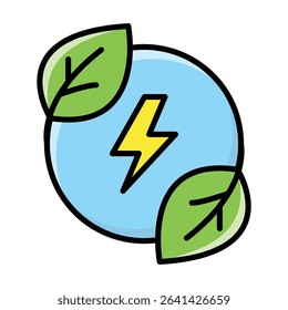 Green leaves and lightning bolt in a blue circle. Suitable for environmental and renewable energy themed designs, logos, and educational materials.