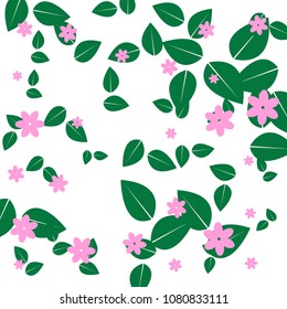 Green leaves and lilac flowers on a white background. Vector.