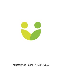 Green leaves logo, abstract stylized people icon, vegan community, people health care, organic food symbol