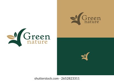 Green leaves logo design symbolizing nature and eco-friendliness. Minimalist vector illustration.
