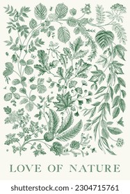 Green leaves. Love of nature. Vector vintage illustration. 