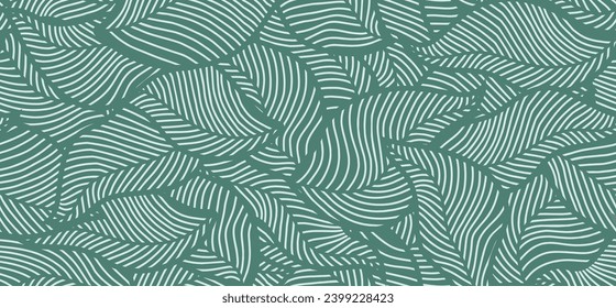Green leaves luxury seamless pattern. Vector tropical leaves wallpaper, luxury nature leaves, golden banana leaf line design, hand drawn outline design for fabric, print, cover, banner and invitation