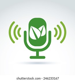 Green leaves and microphone ecological theme icon, vector conceptual unusual symbol for your design.