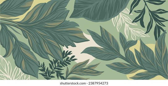 Green leaves mural background, vector hand drawn illustration