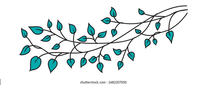 Green Leaves In Nature Vector Design Element, Hand Drawn Tree Branch Border Decoration In Pretty Spring Or Summer Pattern For Graphic Art Projects