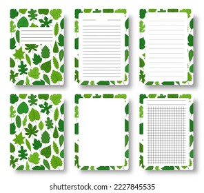 Green leaves notebook cover, lined pages set. Summer leaf cute pattern with copy space gridded sheet template for annual notepad brochure copybook diary. Tree foliage planner booklet journal print