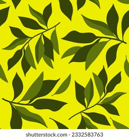 hojas verdes sobre un fondo ácido. impresiones jugosas y brillantes con ramas y hojas.
