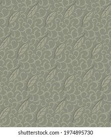 Green leaves on green background. Seamless pattern. Vector floral pattern for wrapping paper, fabric, cloth, cover. Vector illustration.