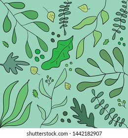 Green leaves on the green background. Vector illustration. 