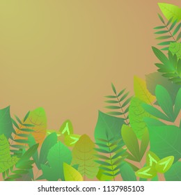 Green leaves on a beige background. Abstract leaf texture. Vector illustration