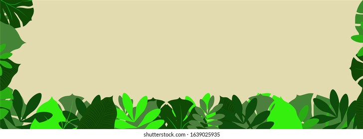 Green leaves on a beige background, vector graphics, several shades of green, tropical plant leaves