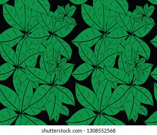Green leaves on black background. Seamless  vector pattern. 