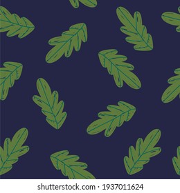 Hojas verdes sobre un fondo azul sin soldadura patrón botánico, plantas, flora, ideal para su aplicación en tejidos o papel de envolvimiento