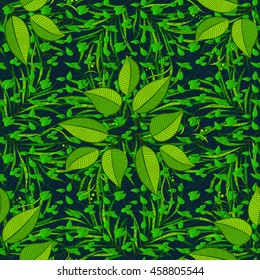 Green leaves on blue background. Vector illustration.