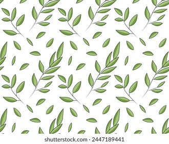 Green leaves on a branch and separately from it. Natural seamless pattern in vector. Suitable for backgrounds and fabric prints