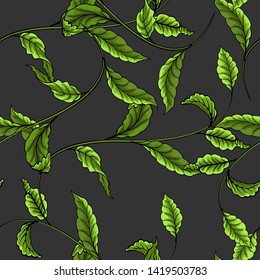 Green leaves on a dark background seamless pattern