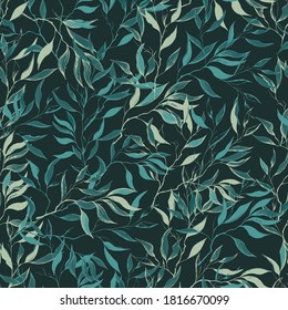Green leaves on a dark background, seamless pattern. Vector illustration for home textiles.