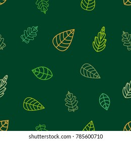 Green leaves on emerald background. Seamless vector pattern with floral motifs. Design for textile, packaging, cards. Ecological concept.
