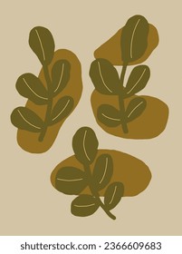 Green leaves on green geometric pattern on Grey background illustrations, vector for art print, template, wall decor, designs