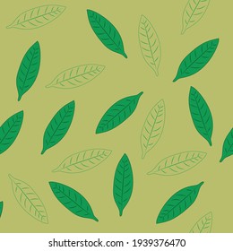 green leaves on a light green background, seamless pattern, vector illustration. For textiles, printing, scrapbook. Stylized leaves seamless pattern. Decorative background.