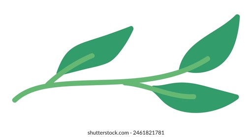 Green leaves on twig in flat design. Botanical and environmental sustainable. Vector illustration isolated.