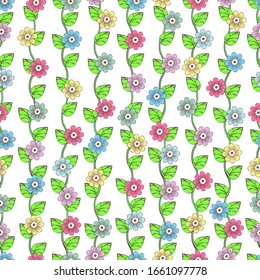Green leaves on wavy stems and multi-colored flower buds with petals on white background seamless pattern, cartoon drawing. Natural, floral, fabric, textile, wallpaper design. Vector illustration
