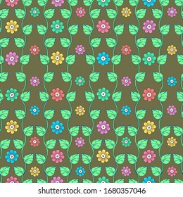 Green leaves on wavy stems and multi-colored flower buds with petals on dark green background seamless pattern, cartoon drawing. Natural, floral, fabric, textile, wallpaper design. Vector illustration