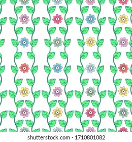 Green leaves on wavy stems and multi-colored flower buds with petals on white background seamless pattern, cartoon drawing. Natural, floral, fabric, textile, wallpaper design. Vector illustration