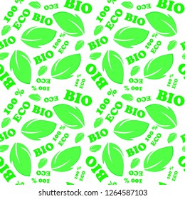 Green leaves on a white background, eco and bio lettering, seamless pattern, vector